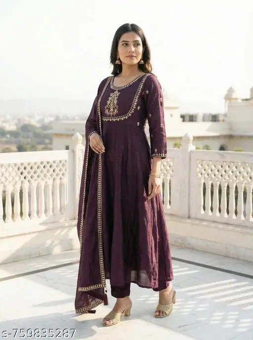 Viscose Silk Kurta Set for Women (Purple, M)