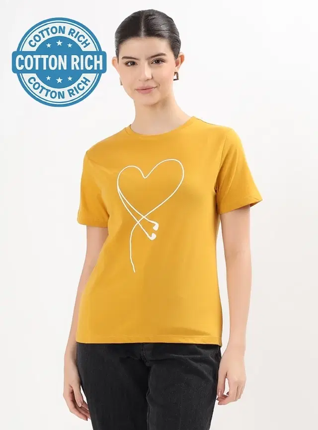 Round Neck Printed T-Shirt for Women, Yellow (XL)