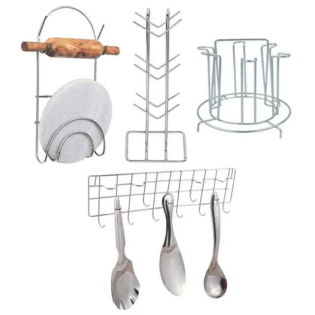 Stainless Steel Cup Stand Cup Holder & Glass Stand & Chakla Belan Stand & Hook Rail For Kitchen, Set of 4, OC-043