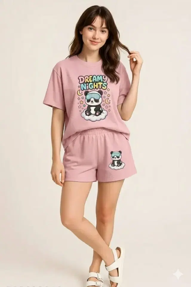 Cotton Blend Printed Top & Bottom Set for Women, Pink (XS)