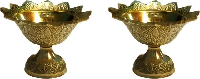 Heaven Decor Small Brass Diwali Kuber Devdas Engraved Deepak Diya Oil Lamp For Puja, Pack of 2, A025