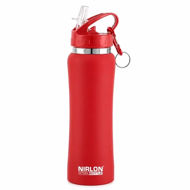 Nirlon Steel Water Bottle, Red, 750 ml with Straw Lid