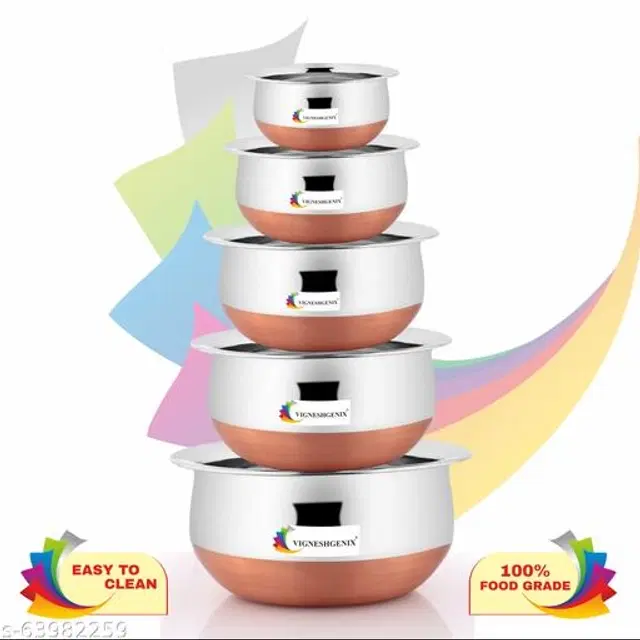 Stainless Steel Copper Bottom Handi Pot Set with Lid, Silver, Set of 5