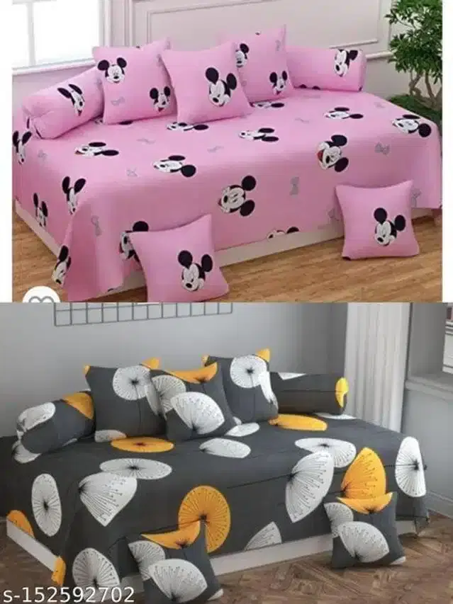 Polycotton Diwan Cover Set, Pink & Grey, Combo of 2