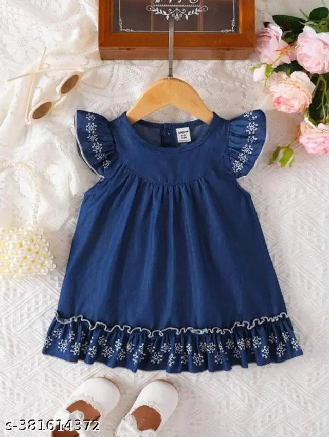 Cotton Frock for Girls (Navy Blue, 0-6 Months)