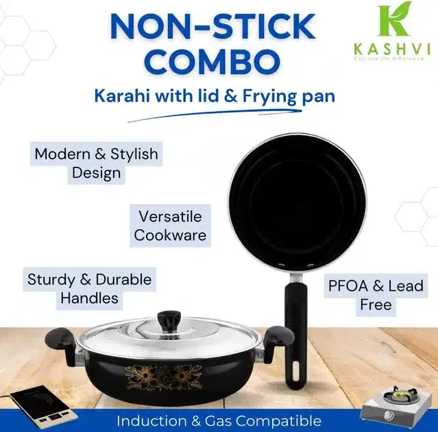 Non Stick Kadai with Stainless Steel Lid & Frying Pan, Black, Set of 2