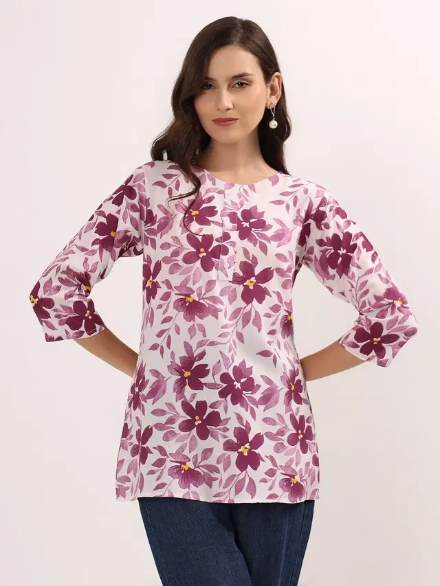 Womens Floral Print Short Rayon Kurti, White (M)