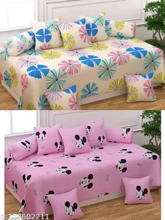 Polycotton Diwan Cover Set, Multicolor, Combo of 2