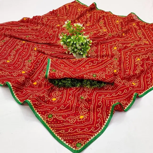 Georgette Bandhini Saree for Women, Red
