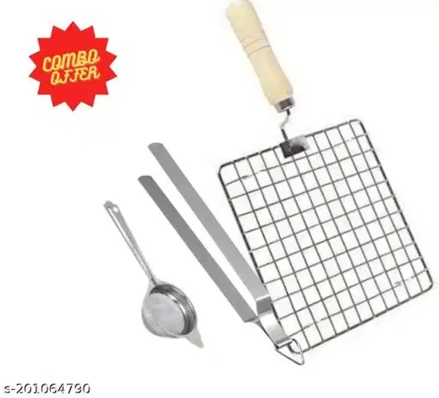Stainless Steel BBQ Grill with Cooking Tong & Tea Strainer, Silver, Set of 3