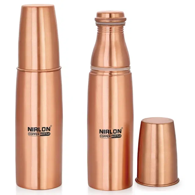 Nirlon Amrutam Copper / Tamba Water Bottle With Glass, 1000Ml, 2 Piece, Copper | Leak Proof | Office Bottle | Gym Bottle | Yoga Bottle | Home | Kitchen | Hiking | Treking Bottle | Travel Bottle