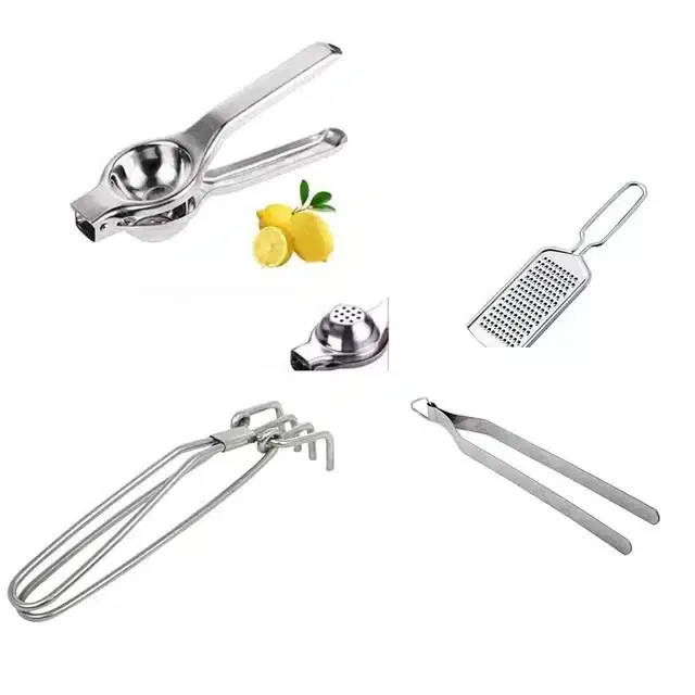 Stainless Steel Cheese Grater, Chimta, Pakad & Lemon Squeezer, Combo of 4