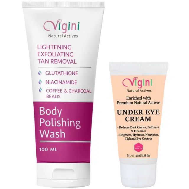 Vigini Natural Under Eye Cream, 20 ml with Body Polishing Wash, 100 ml, Set of 2