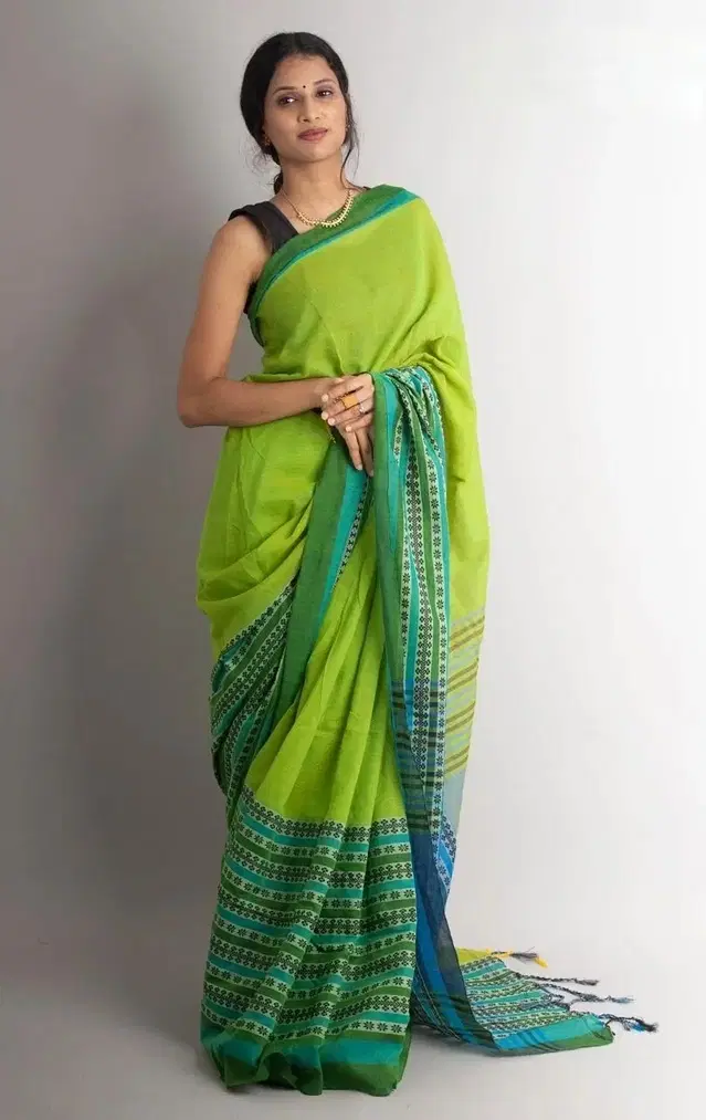 Cotton Silk Saree for Women (Green, Free Size)