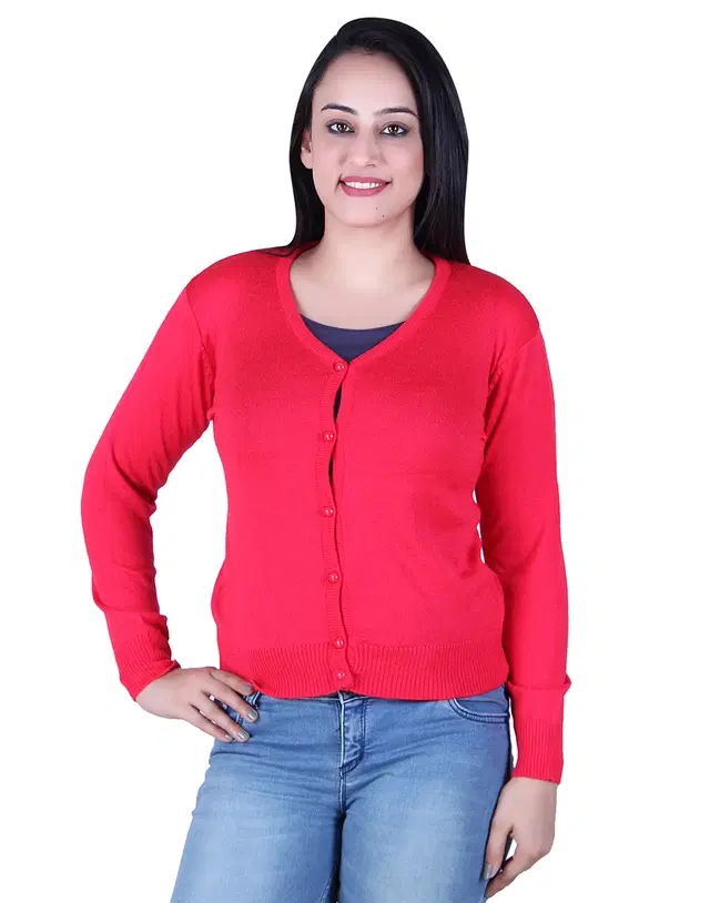 V Neck Solid Cardigans for Women (Magenta, M)