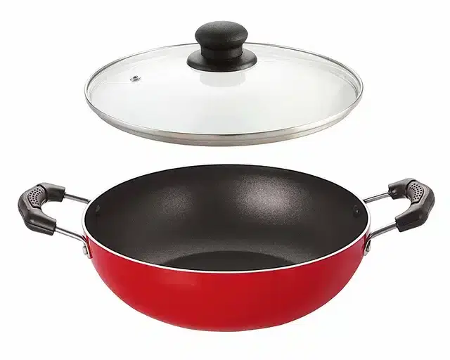Aluminium Nonstick Kadhai with Glass Lid, Red, Set of 1