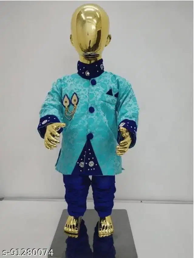 Art Silk Full Sleeves Sherwani with Pyjama Set for Boys (Turquoise & Royal Blue, 12-18 Months)