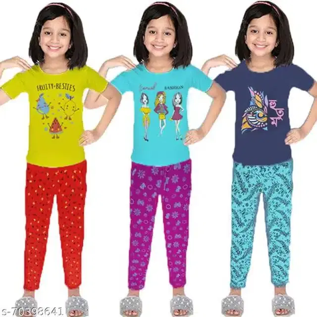 Cotton Nightsuit Set for Girls, Set of 3 (Multicolor, 5-6 Years)