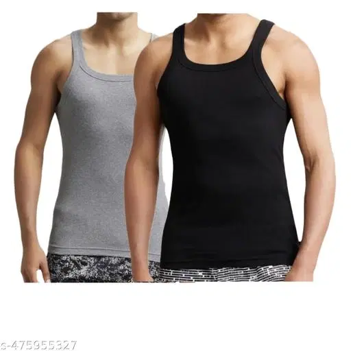 Cotton Solid Vest for Men, Black & Grey, Pack of 2 (M)