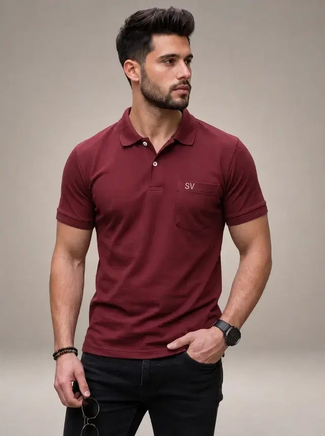 Polo Neck T-shirts for Men (Maroon, L)