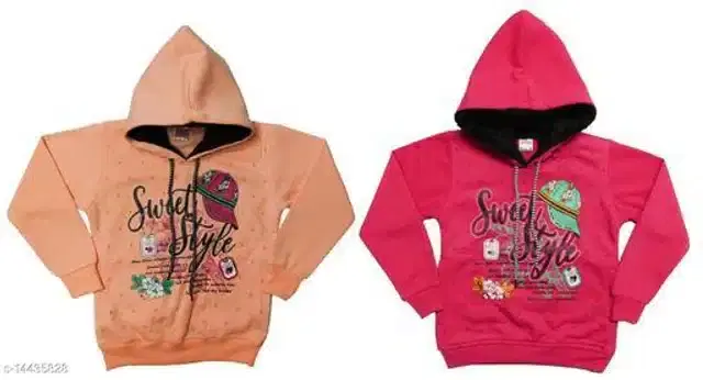 Fleece Printed Full Sleeves Hooded Sweatshirts for Girls, Pack of 2 (Peach & Pink, 2-3 Years)