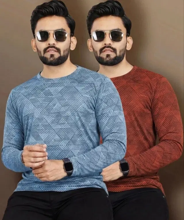 Printed Round Neck Polyester T-Shirts (Pack of 2) for Men (Blue, M)