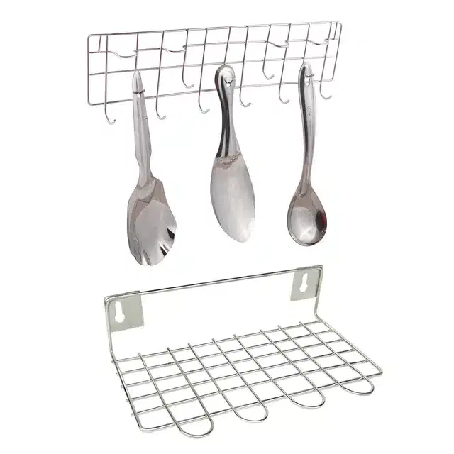 Stainless Steel Wall Mounted Ladle Rail & Utensil Stand, Set of 2, Silver