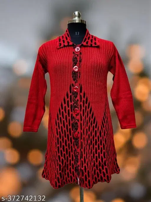 Woolen Printed Sweater for Women (Red, Free Size)