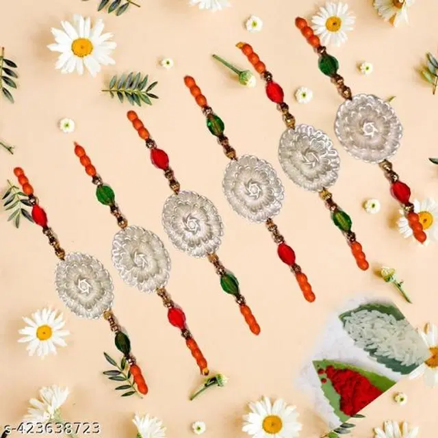 Handmade Designer Rakhi with Roli Chawal, Multicolor, Pack of 6