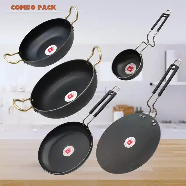 Frying Pan & Tawa Set, Pack of 5, Black, 1200 ml