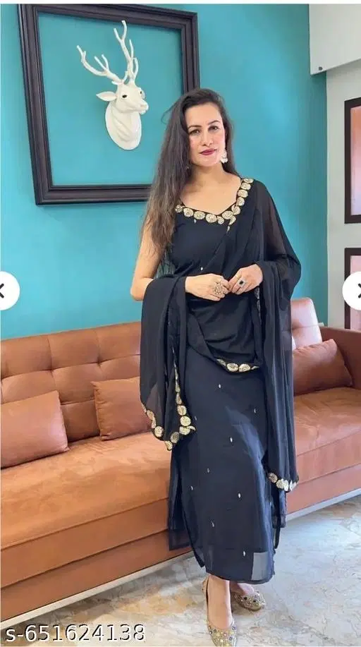 Georgette Solid Kurta & Paint & Dupatta Set For Womens, Black (L)