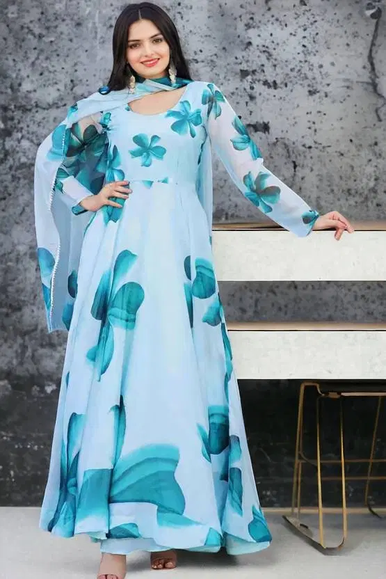 Georgette Printed Gown with Dupatta for Women, Sky Blue (S)