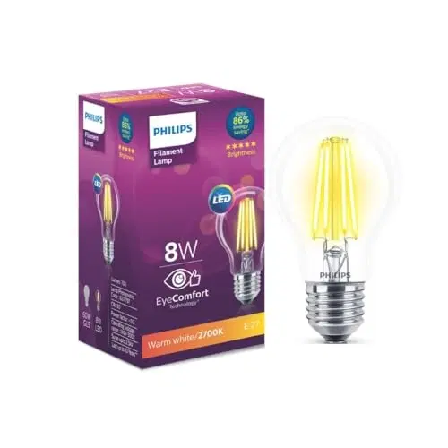 Philips 8-Watt E27 A60 Led Glass Filament Bulb | Decorative Led Bulb For Home Decoration | Warm White/Golden Yellow, Pack Of 1