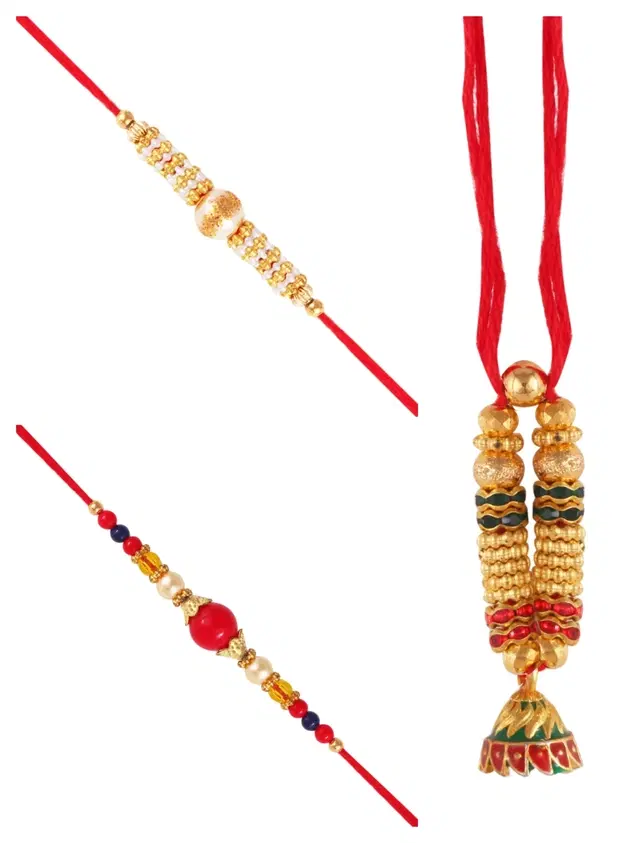 Designer Rakhi with Pearls Lumba for Rakshabandhan, Multicolor, Pack of 3