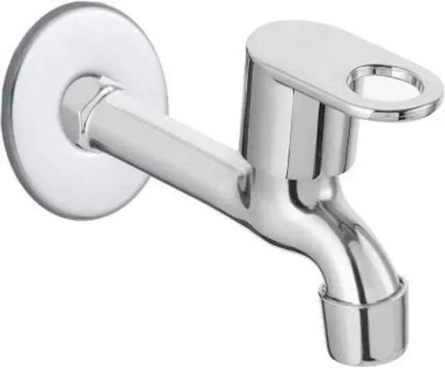 Stainless Steel Long Body Bib Cock Tap with Wall Flange, Silver, Set of 1