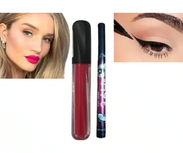 Matte Liquid Gloss with Long Lasting Waterproof Eyeliner, Pink & Black, Pack of 2