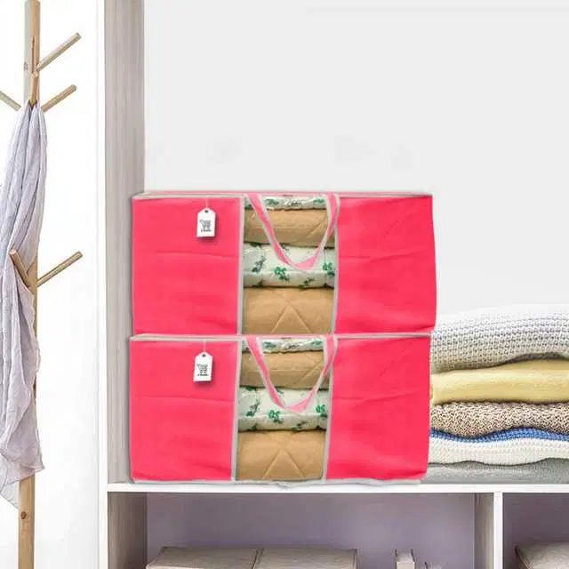 E-Retailer® Blanket Cover Bag With Transparent Window And Side Handle For Quilt & Clothes, Pack Of 1, Pink, 61X43X36 cm, ST120