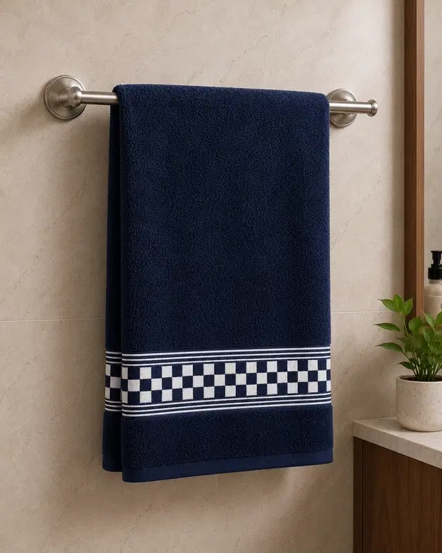 SimpleHome Checker Border Bath Towel68x137cm 450gsm Cotton Blend 60:40 (Co:Poly) Navy