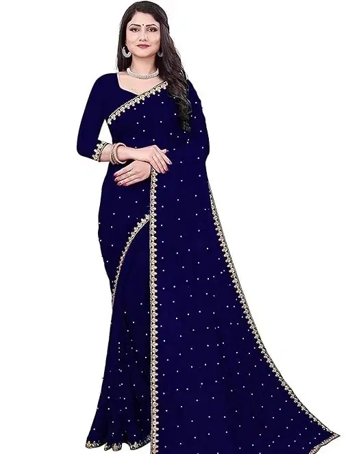 Lycra Beaded Saree for Women, Navy Blue