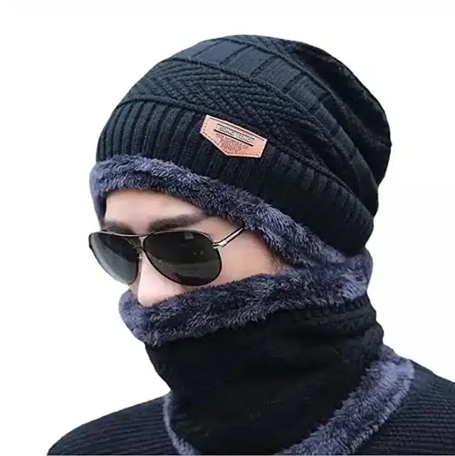 Spun Acrylic Solid Cap with Neck Warmer for Men & Women, Black (Set of 2)