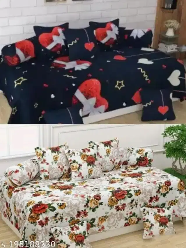 Polycotton Diwan Cover Set, Black & Cream, Combo of 2