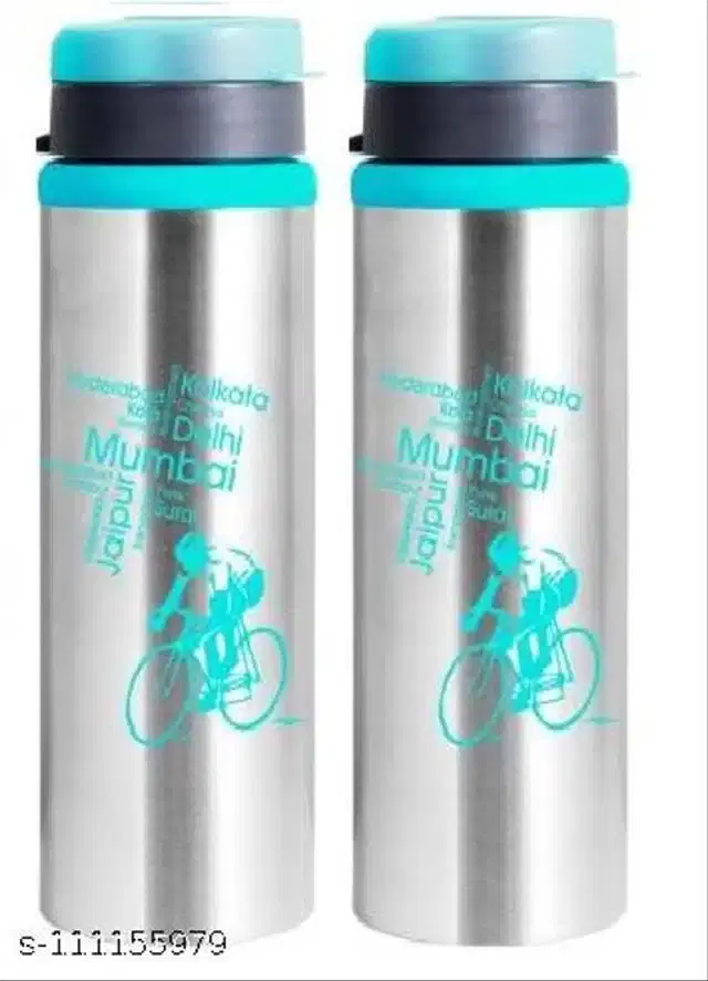 Stainless Steel Water Bottle, Blue & Silver, 1000 ml, Pack of 2