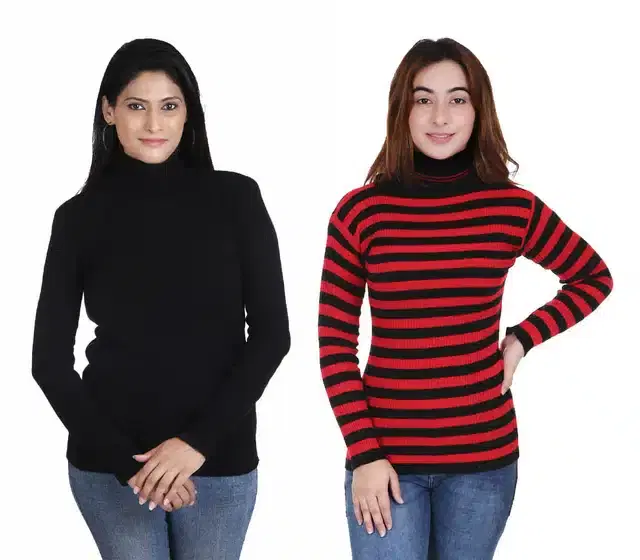 Full Sleeves Solid Sweater for Women, Pack of 2 (Black & Maroon, S)