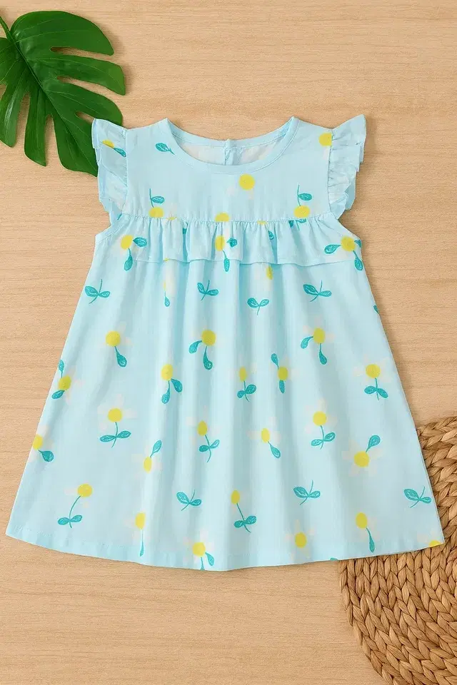 Cotton Printed Frocks for Girls, Blue (2-3 Years)