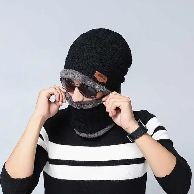 Woolen Cap with Neck Warmer for Men & Women (Black)
