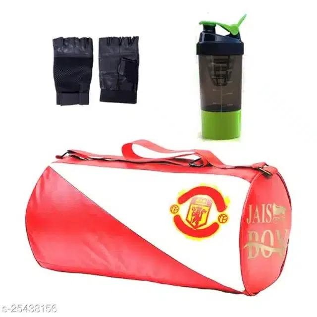 Combo of Gym Bag with Shaker Bottle, 400 ml, Gloves, Multicolor, Set of 3