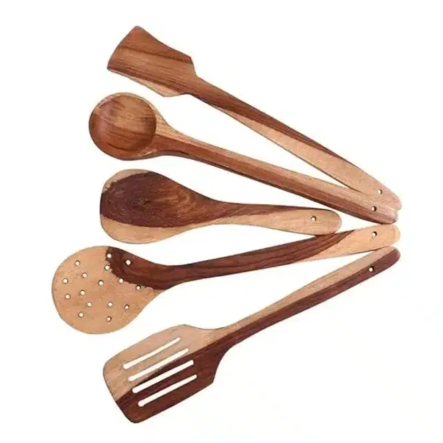 Wooden Cooking & Serving Spoons, Brown, Set of 5