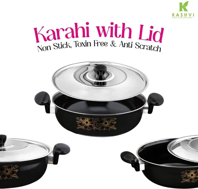 Cast Iron Kadai with Lid, Black & Silver, 28 cm