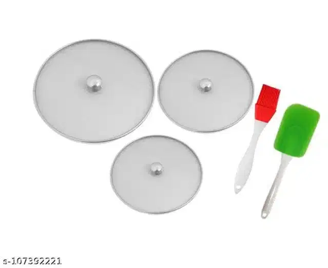 Metal Net Lids, 3 Pcs with Spatula & Oil Brush, Multicolor, Set of 5