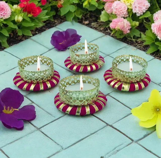 Metal Designer Tealight Candle Holder, Pink, 6x6x2.4 cm, Pack of 4